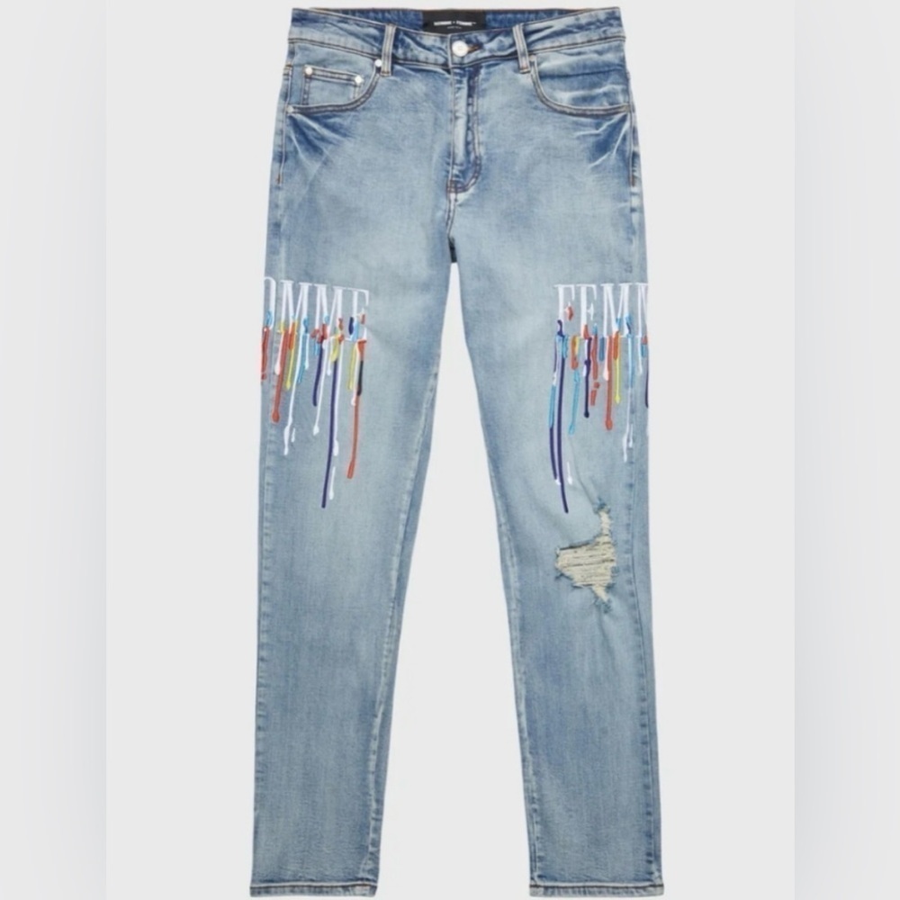 Homme + Femme | NWT Letterman Drip Embroidered Distressed Denim Blue Jeans 32